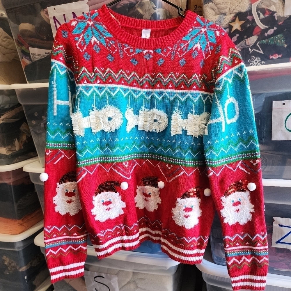 NWT No Boundaries Ho Ho Ho Santa Ugly Christmas Sweater Junior's Large 11-13 New